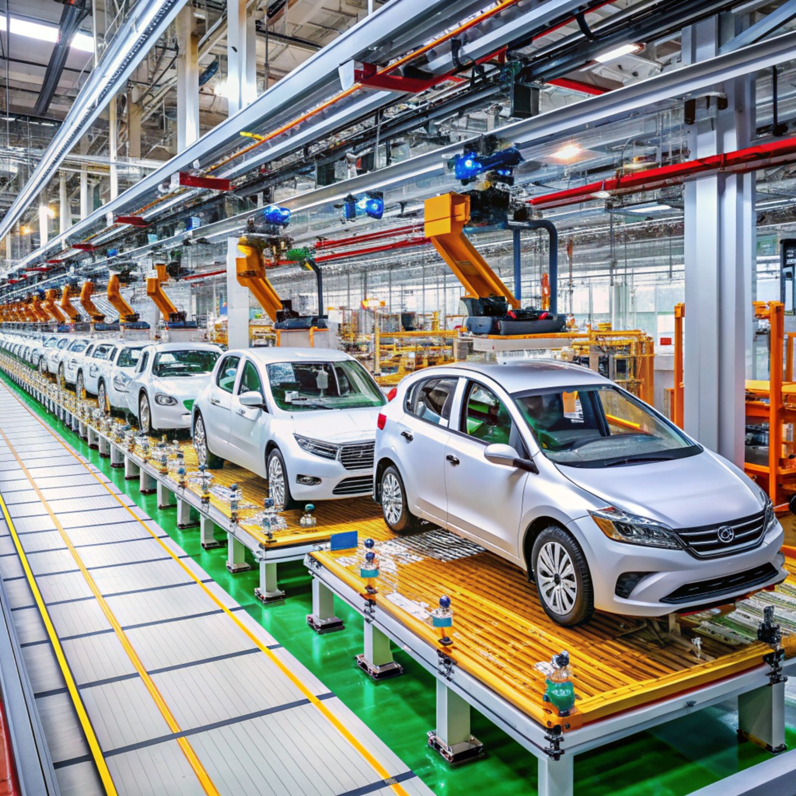 EV Production Line on Advanced Automated Smart Factory. High Performance Electric Car Manufacturing. Car Batteries Installation on Electric Vehicles on Assembly line